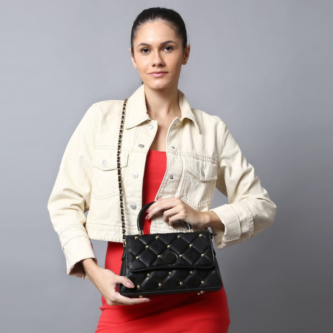 Stylish Quilted Studded Top Handle Black Sling Bag for Women.