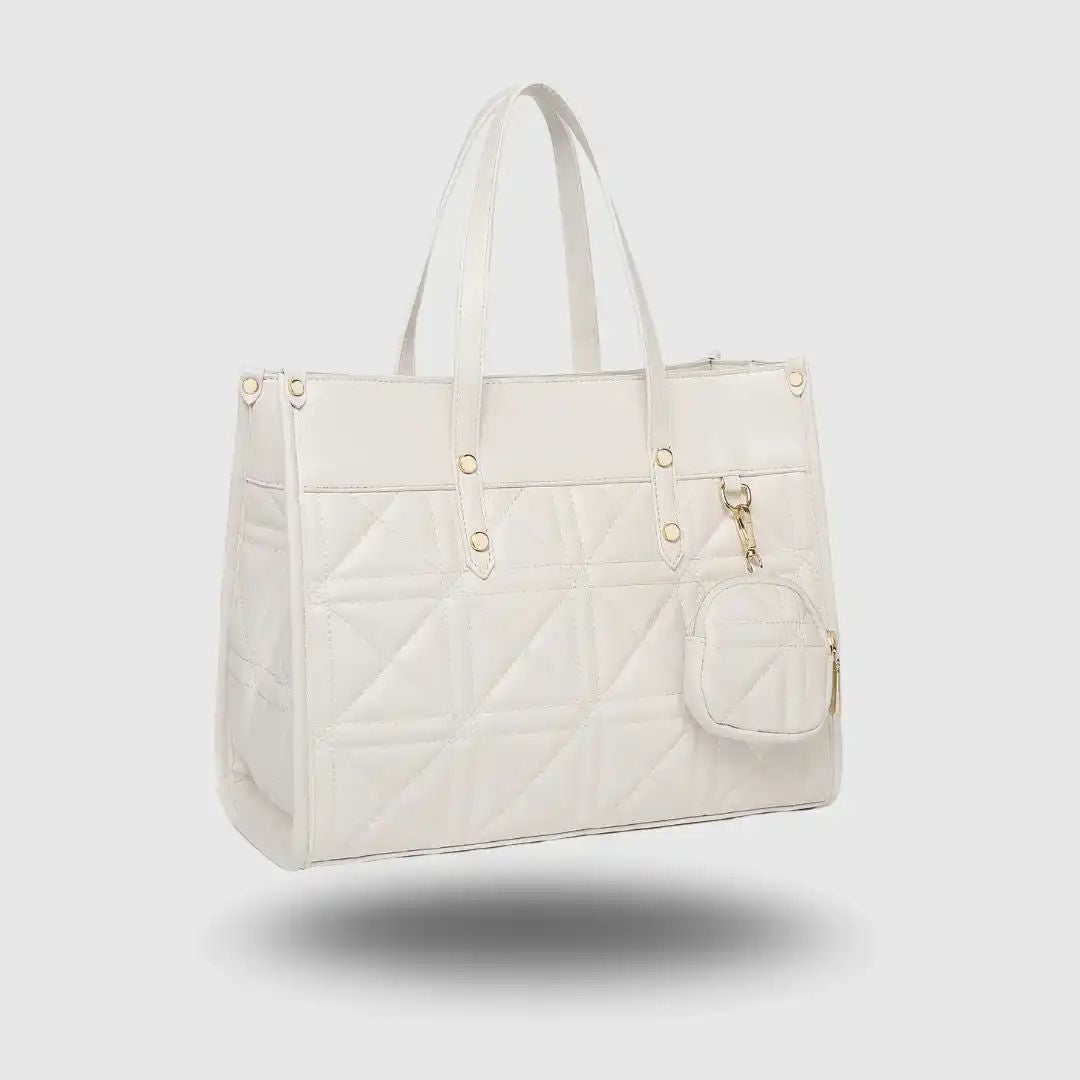 Elegant Quilted White Tote  Bag for Women with Mini Pouch.