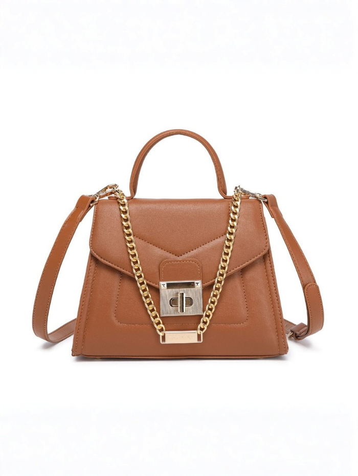 ELEGANT BROWN LOCK CHAIN STRUCTURED HANDBAG