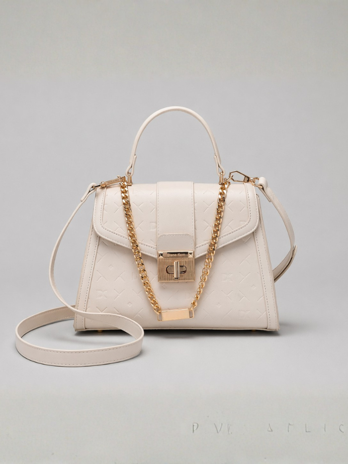 ELEGANT OFFWHITE LOCK CHAIN STRUCTURED HANDBAG