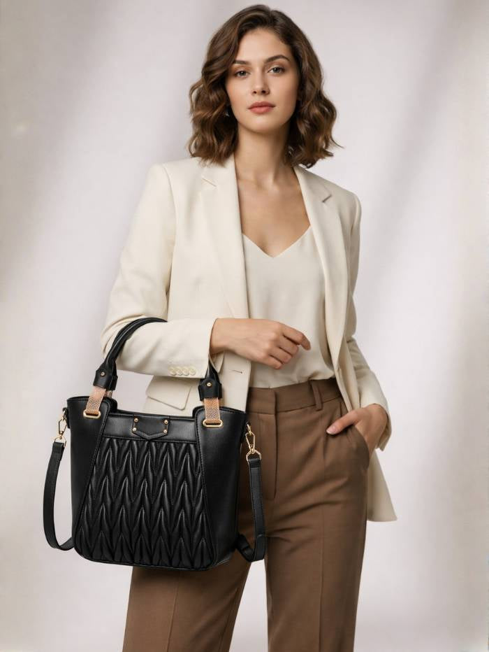 BLACK Women's Quilted Tote Handbag.