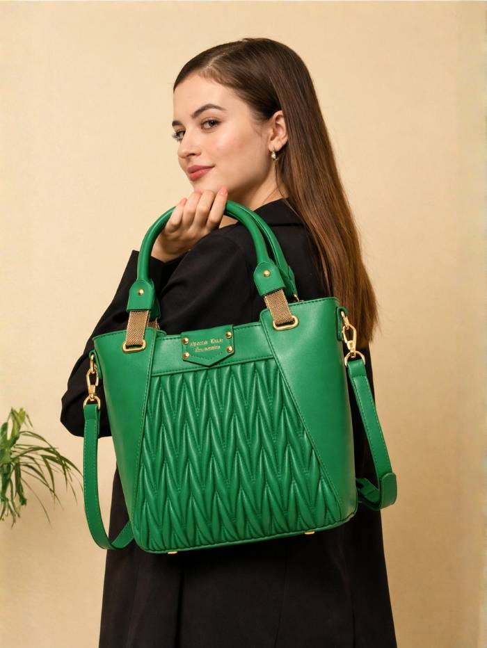 GREEN Women's Quilted Tote Handbag.