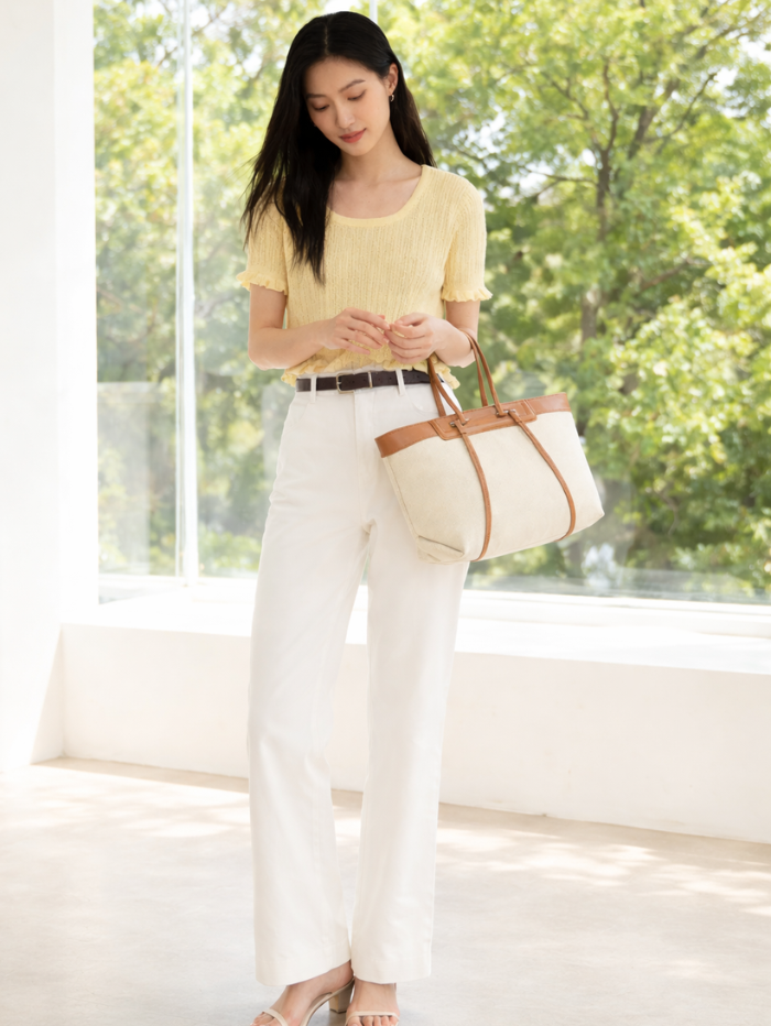 Premium Jute & PU Leather Off White Tote Bag for Women.