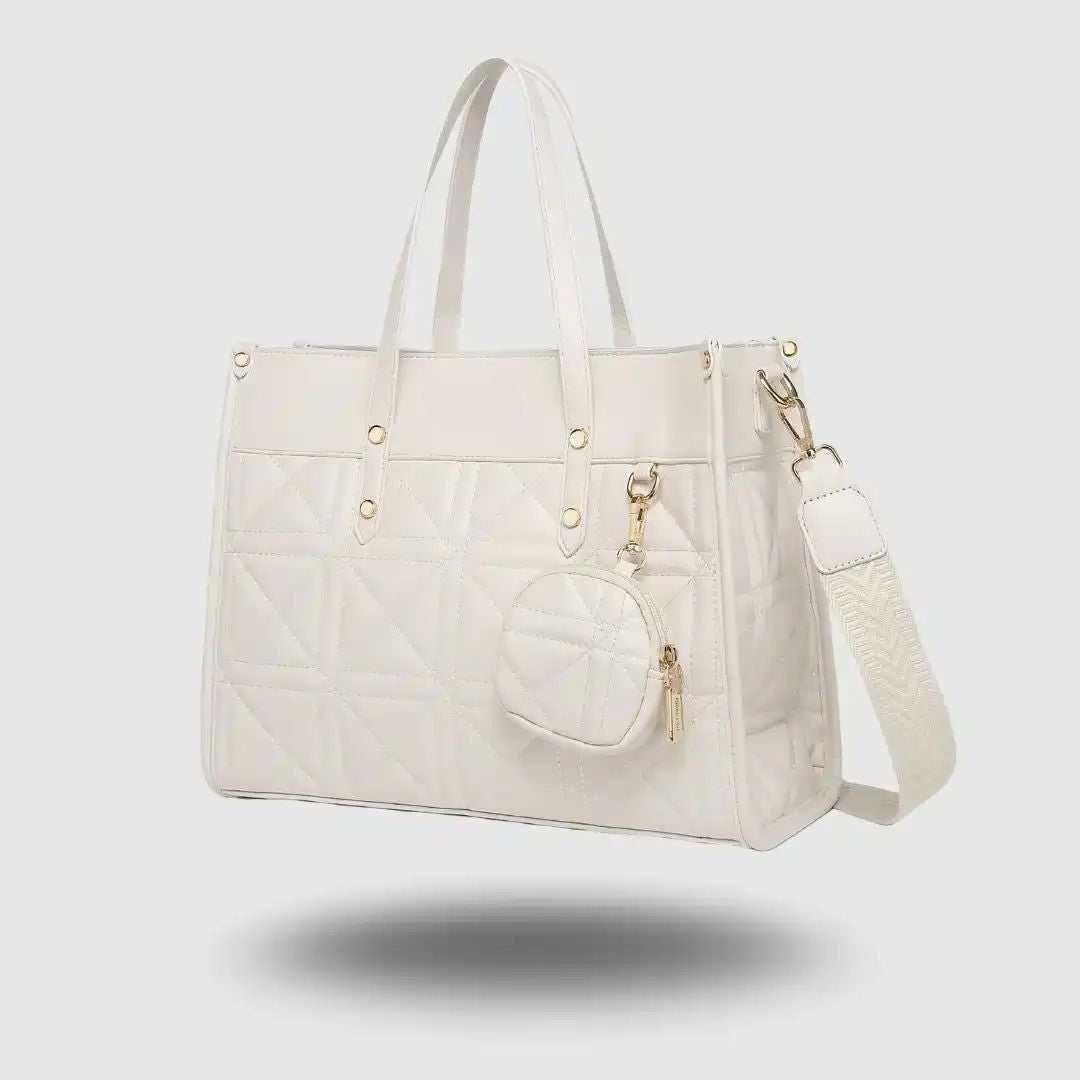 Elegant Quilted White Tote  Bag for Women with Mini Pouch.