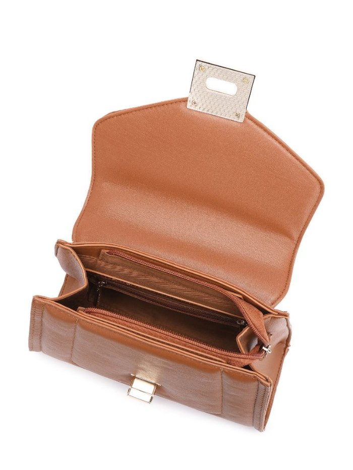ELEGANT BROWN LOCK CHAIN STRUCTURED HANDBAG