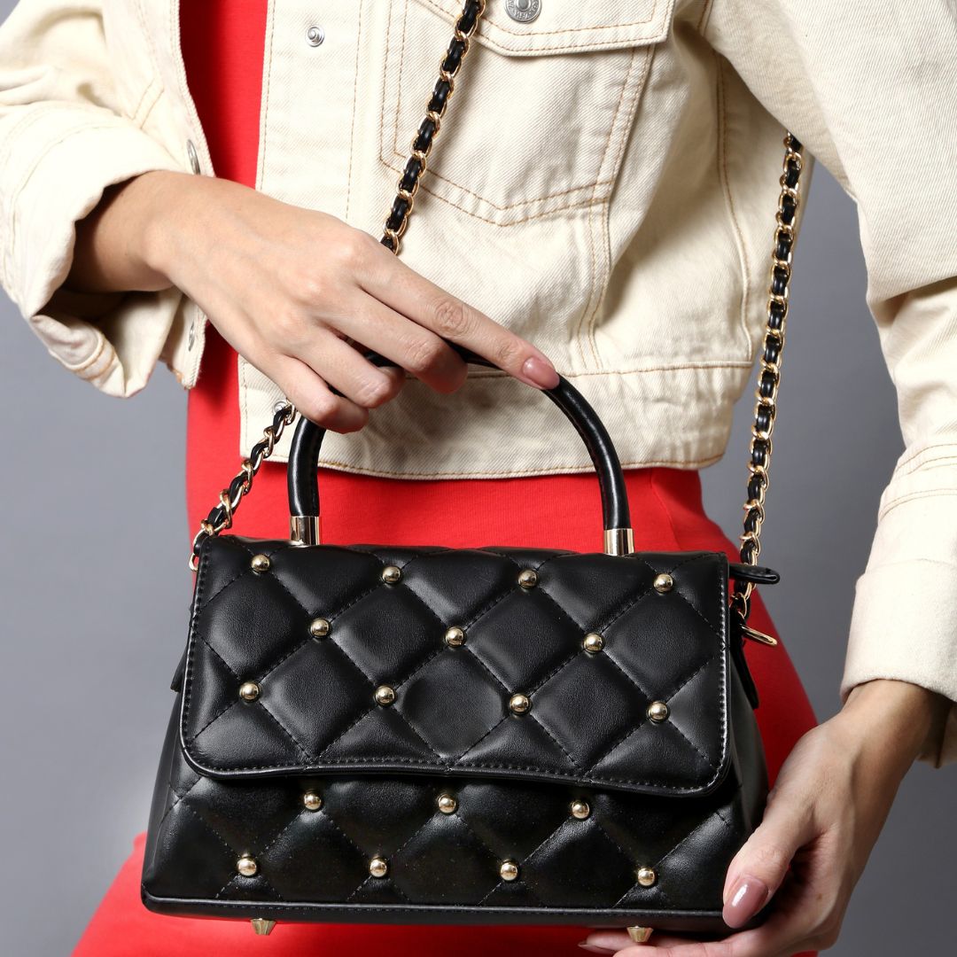 Stylish Quilted Studded Top Handle Black Sling Bag for Women.
