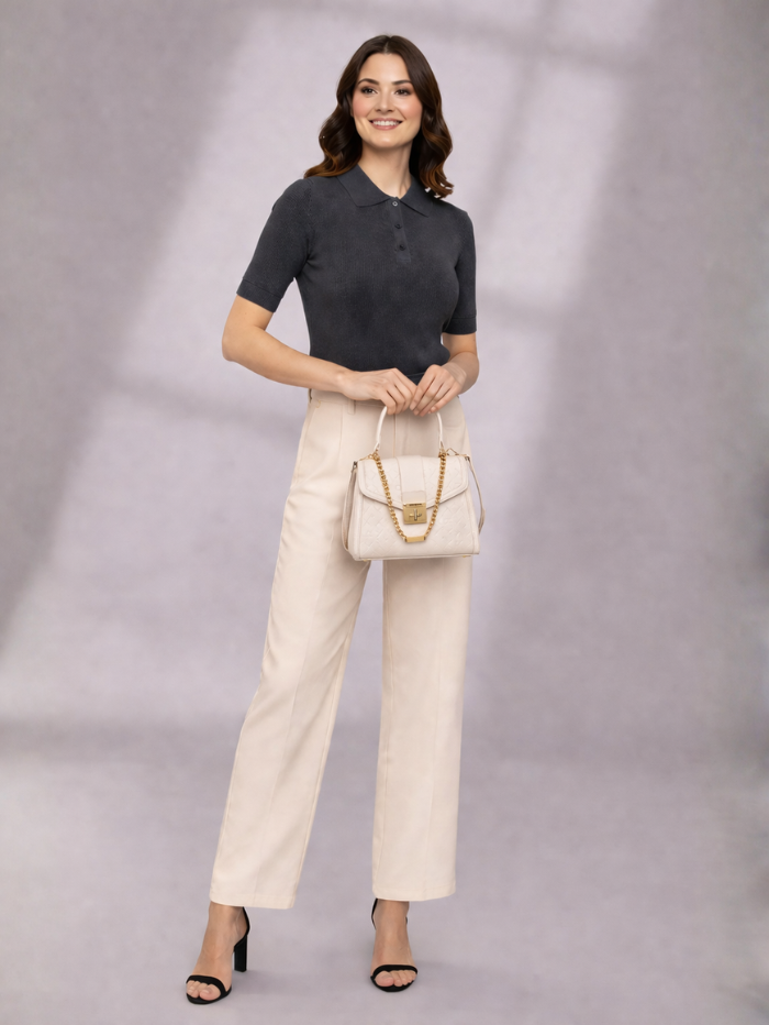 ELEGANT OFFWHITE LOCK CHAIN STRUCTURED HANDBAG