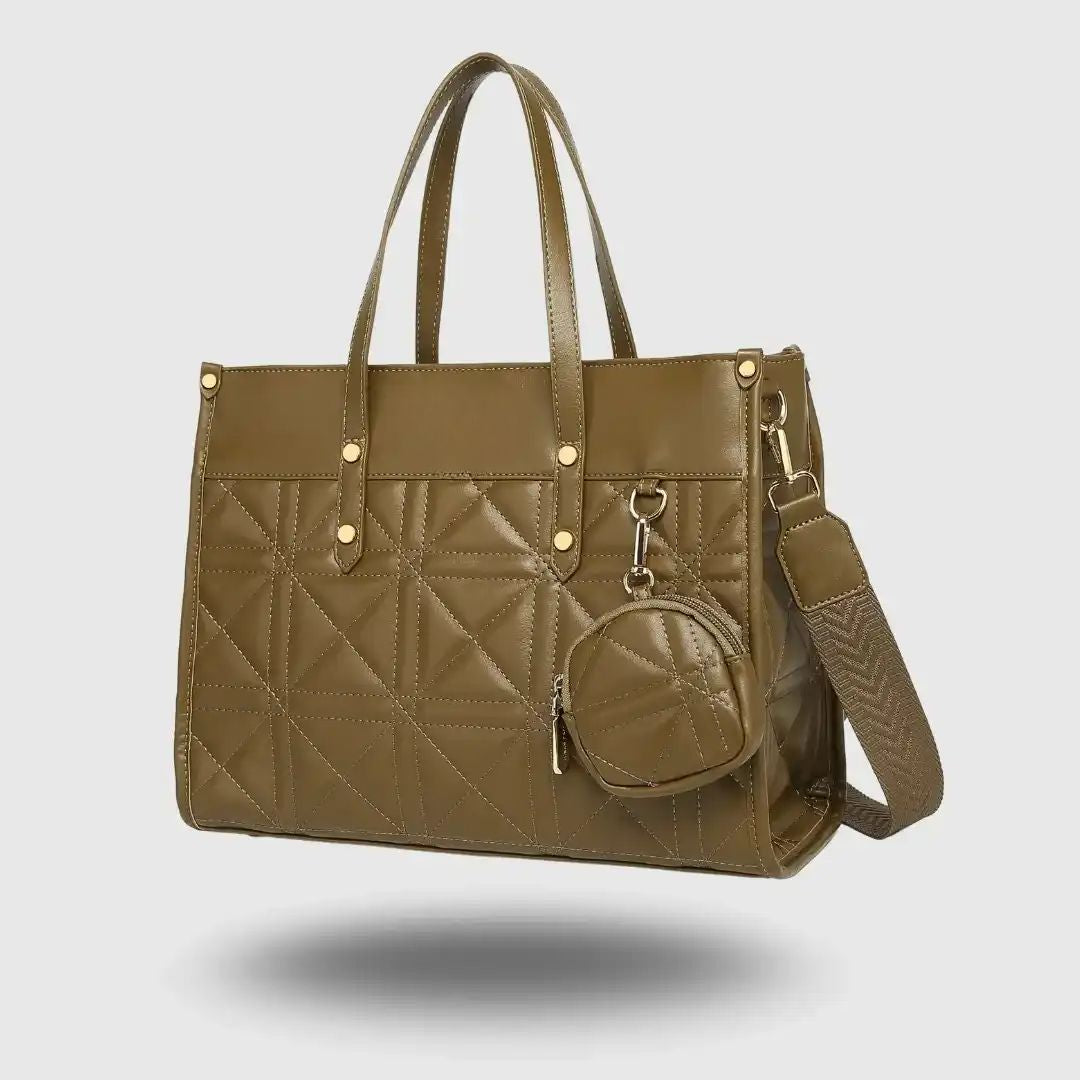 Elegant Quilted  Green Tote Bag for Women with Mini Pouch