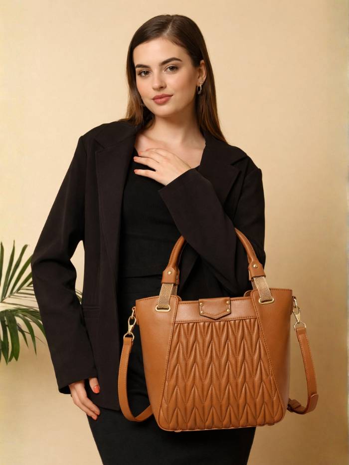 BROWN Women's Quilted Tote Handbag.