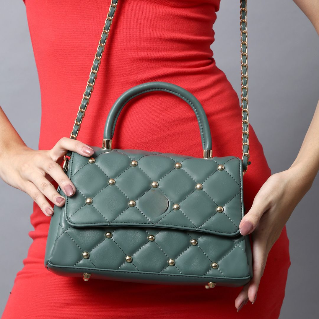 Stylish Quilted Studded Top Handle Green Sling Bag for Women