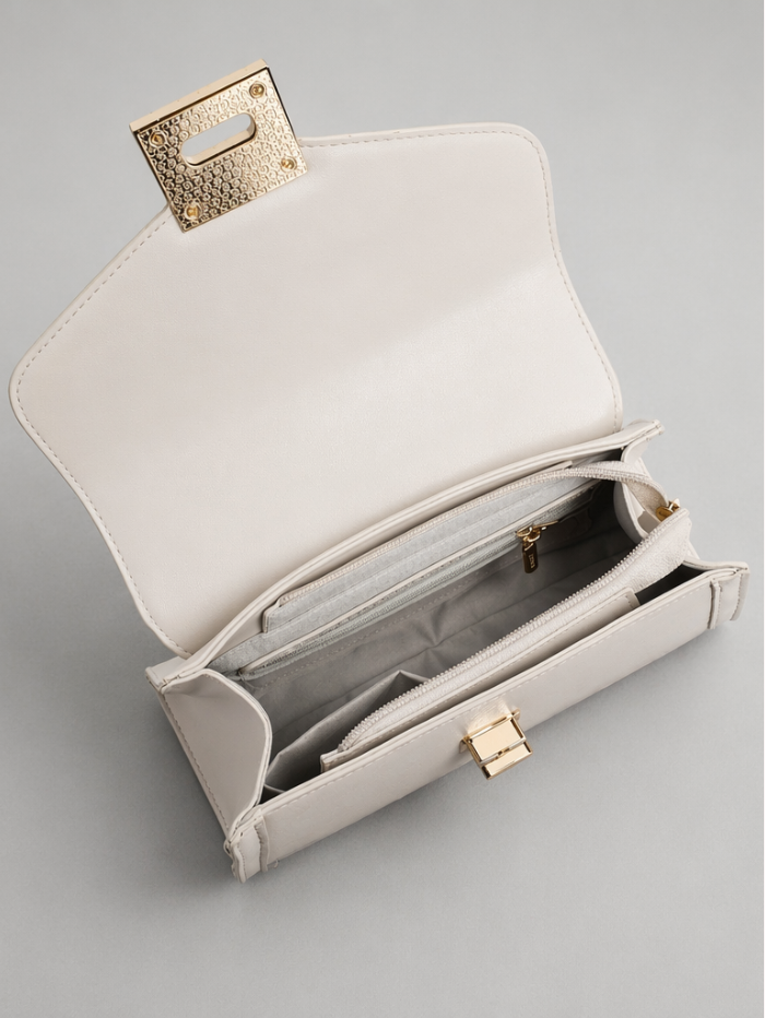 ELEGANT OFFWHITE LOCK CHAIN STRUCTURED HANDBAG
