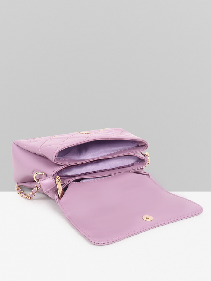Stylish Quilted Studded Top Handle Purple Sling Bag for Women