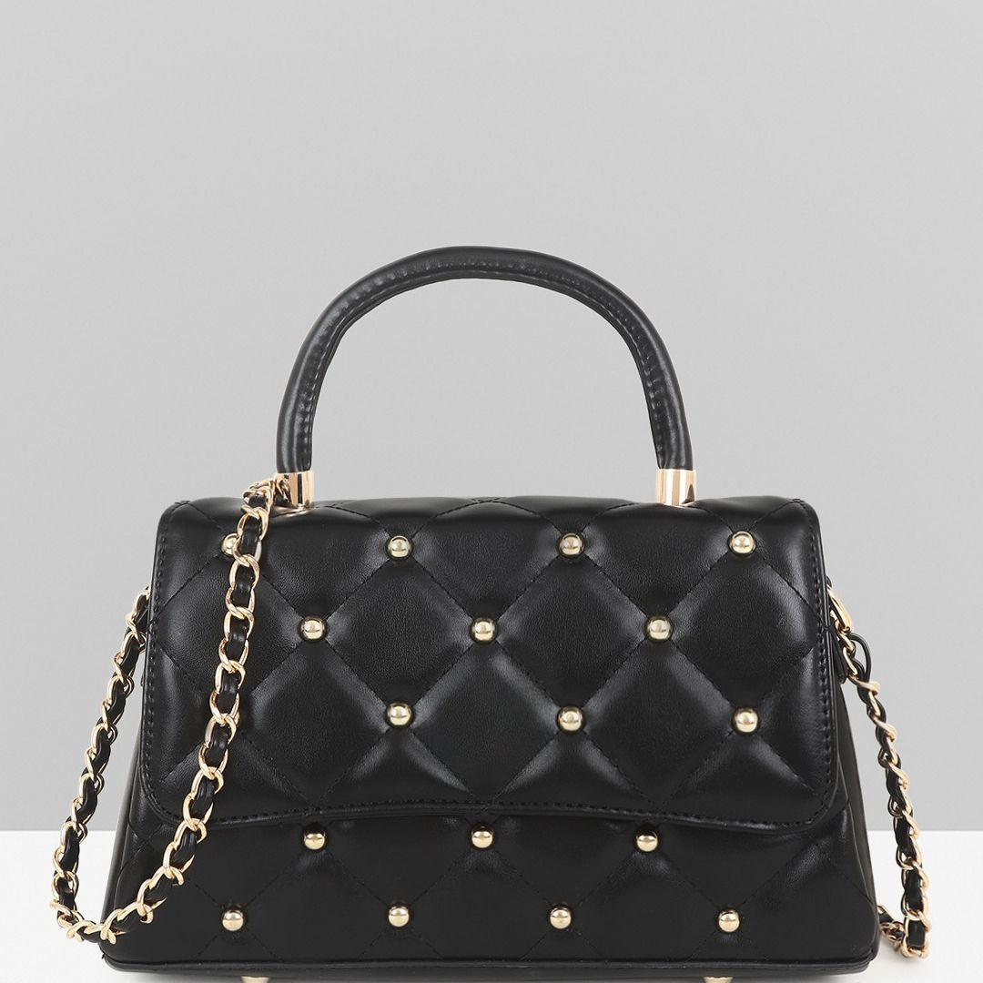 Stylish Quilted Studded Top Handle Black Sling Bag for Women.