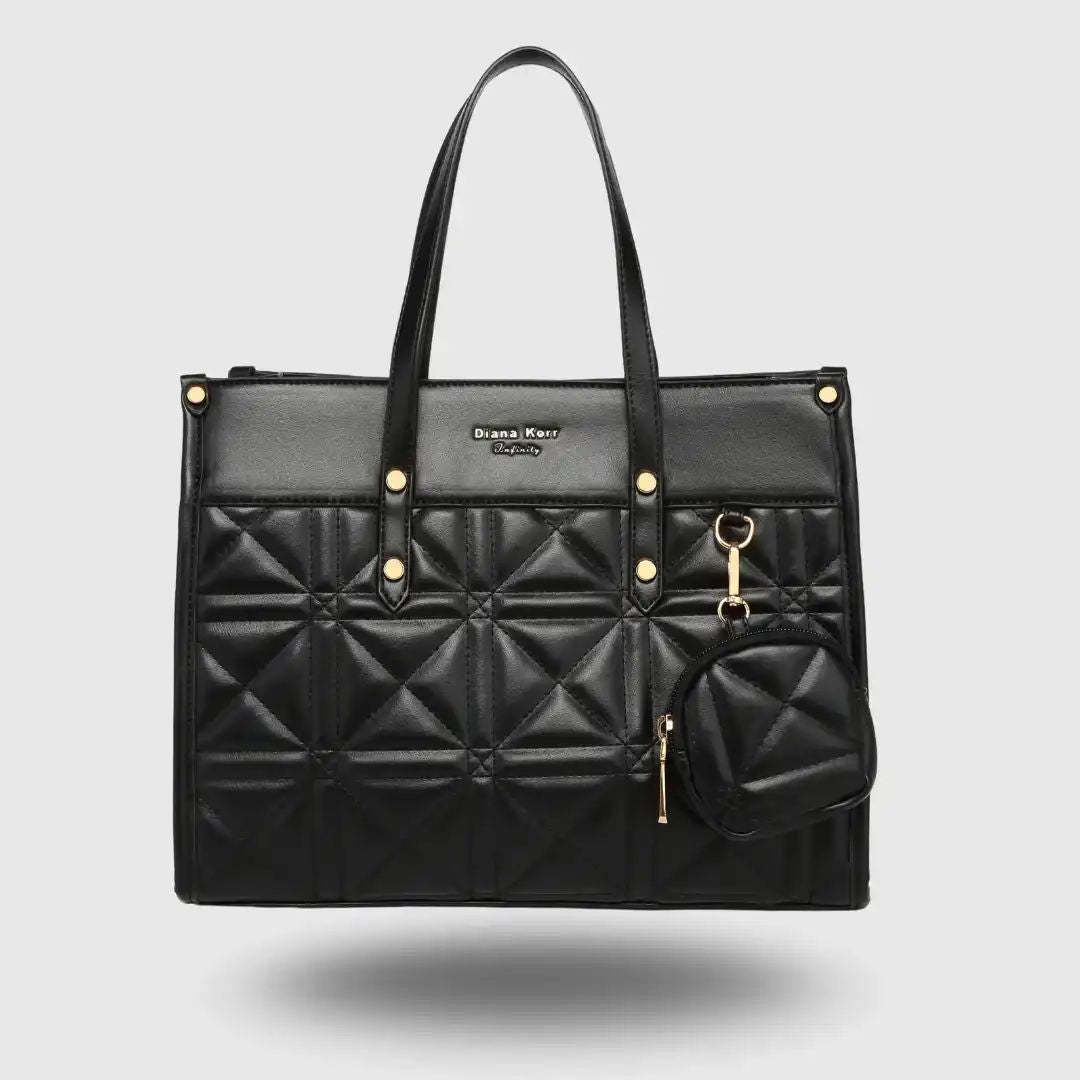 Elegant Quilted Black Tote Bag for Women with Mini Pouch.