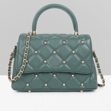 Stylish Quilted Studded Top Handle Green Sling Bag for Women