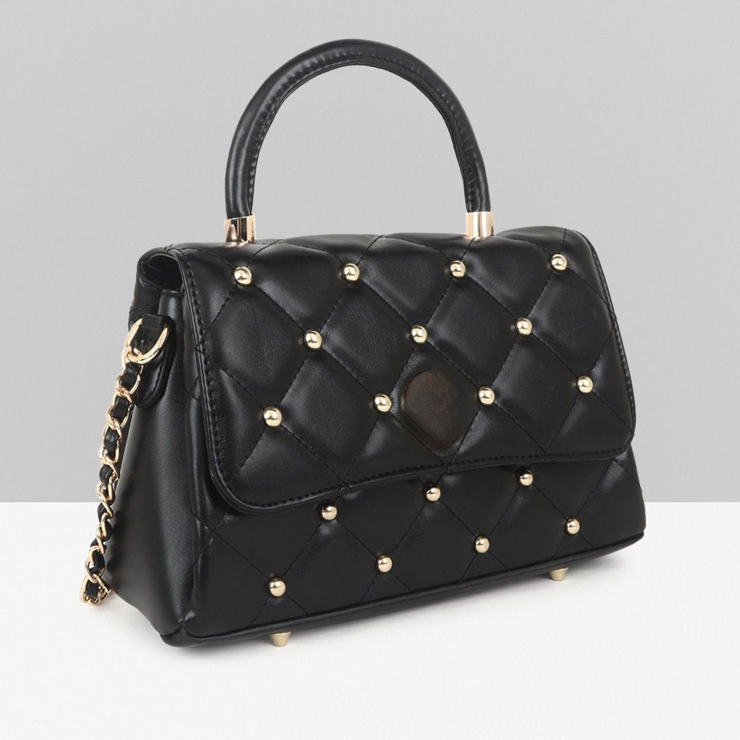 Stylish Quilted Studded Top Handle Black Sling Bag for Women.