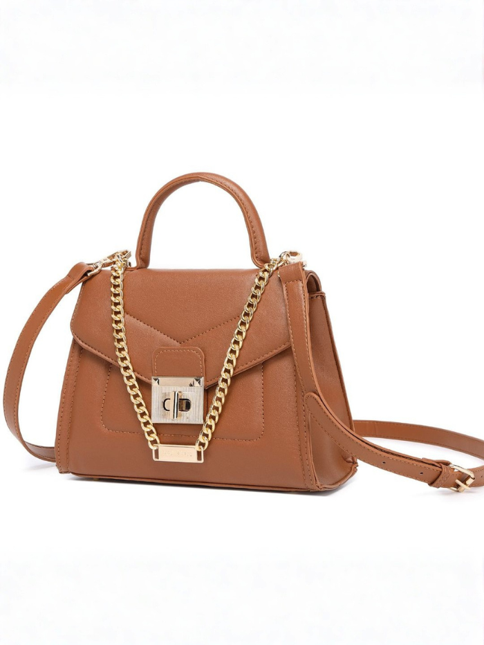 ELEGANT BROWN LOCK CHAIN STRUCTURED HANDBAG