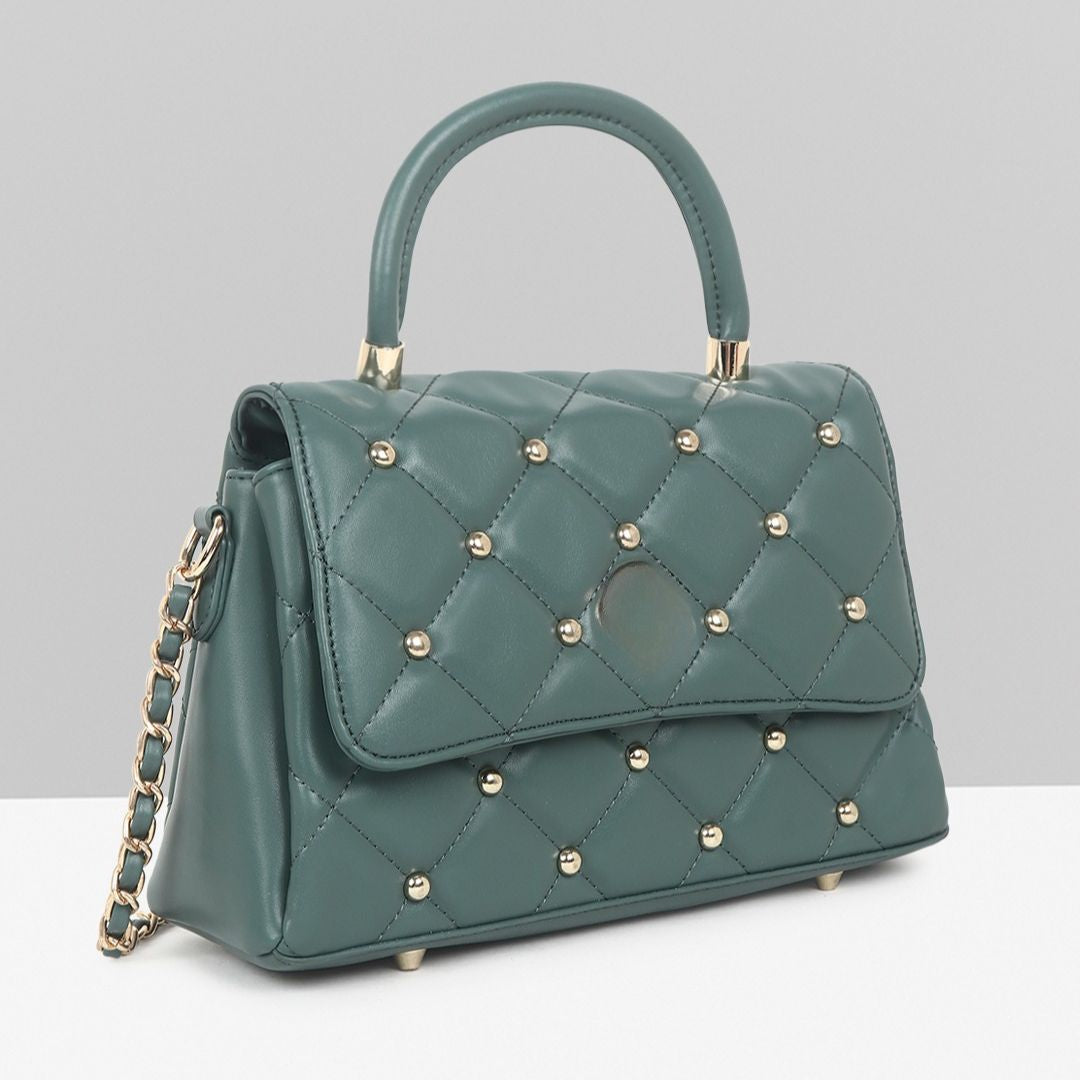 Stylish Quilted Studded Top Handle Green Sling Bag for Women