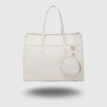 Elegant Quilted White Tote  Bag for Women with Mini Pouch.