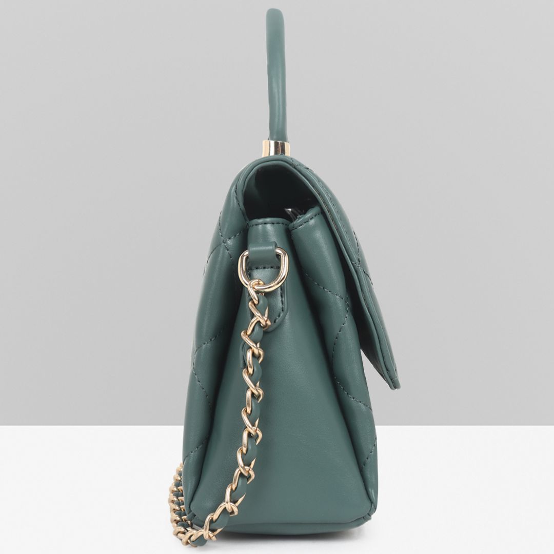 Stylish Quilted Studded Top Handle Green Sling Bag for Women