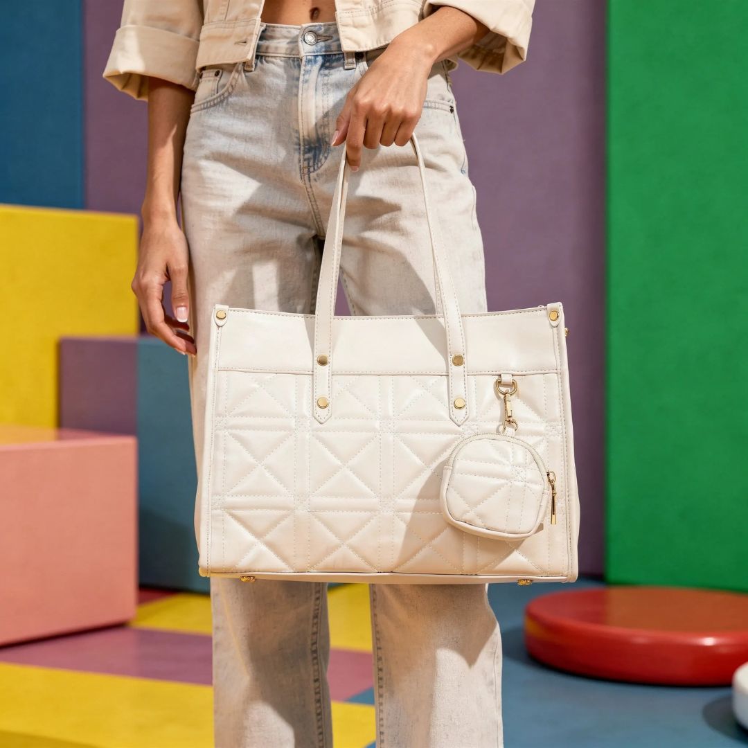 Elegant Quilted White Tote  Bag for Women with Mini Pouch.