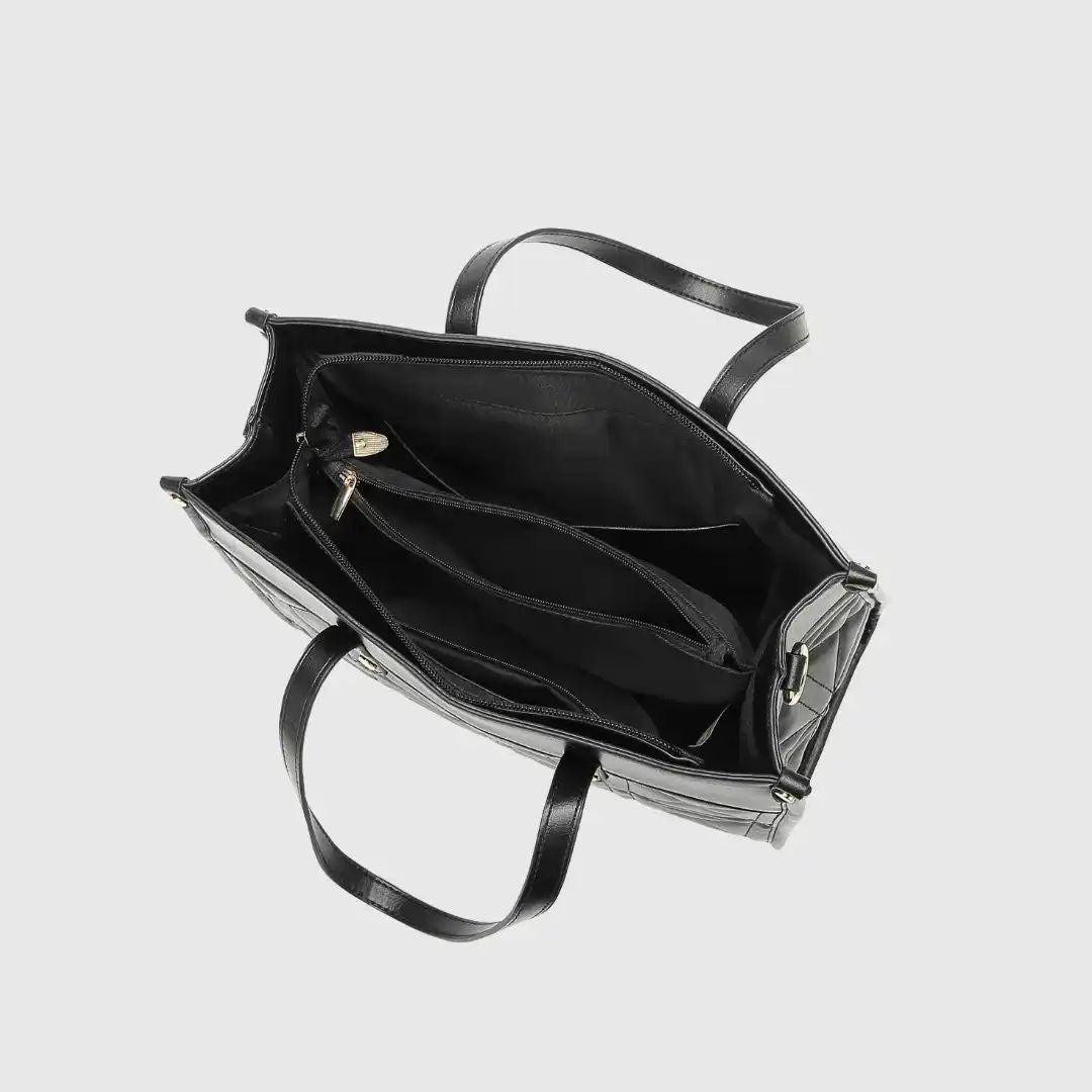 Elegant Quilted Black Tote Bag for Women with Mini Pouch.