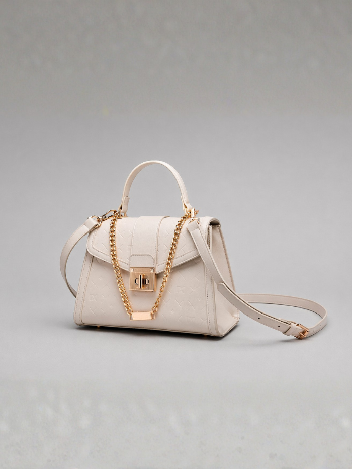 ELEGANT OFFWHITE LOCK CHAIN STRUCTURED HANDBAG