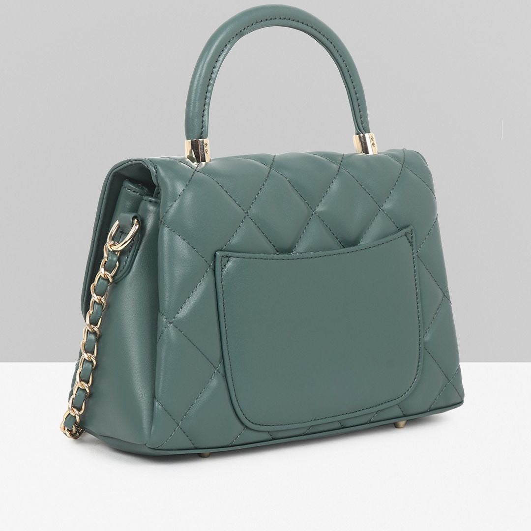 Stylish Quilted Studded Top Handle Green Sling Bag for Women