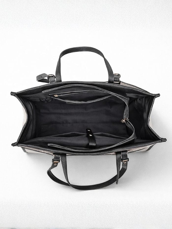 VELOURA BLACK TEXTURED TOTE BAG FOR WOMEN