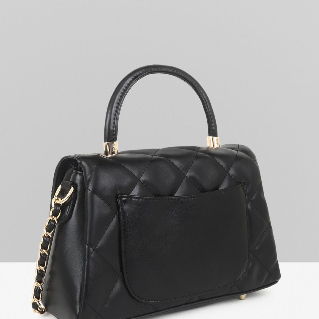 Stylish Quilted Studded Top Handle Black Sling Bag for Women.