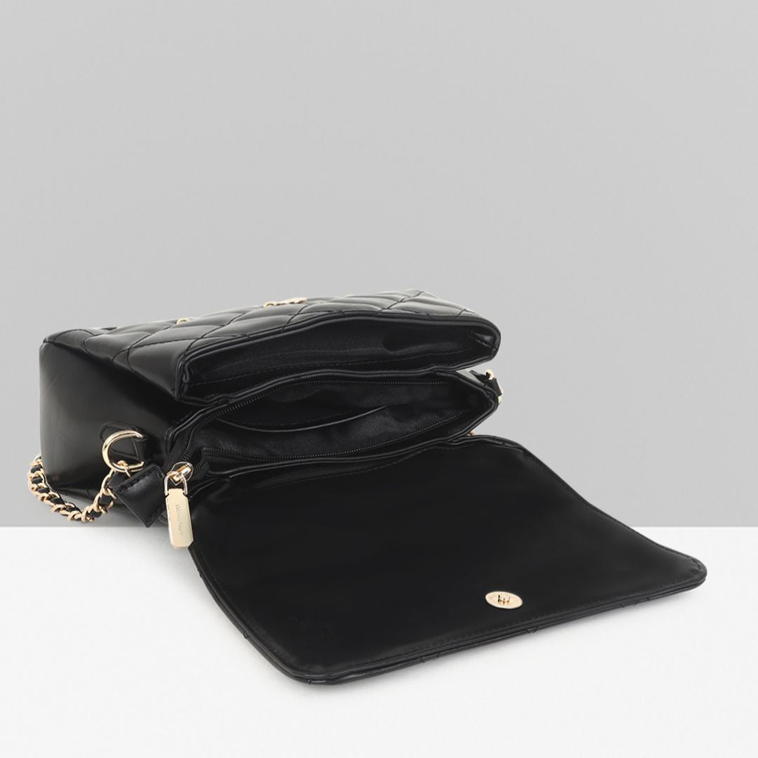 Stylish Quilted Studded Top Handle Black Sling Bag for Women.