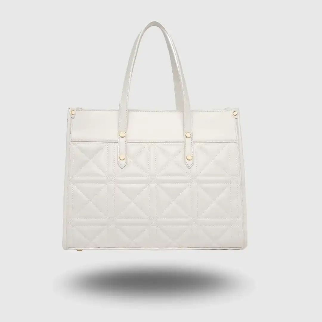 Elegant Quilted White Tote  Bag for Women with Mini Pouch.