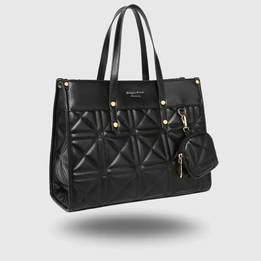 Elegant Quilted Black Tote Bag for Women with Mini Pouch.