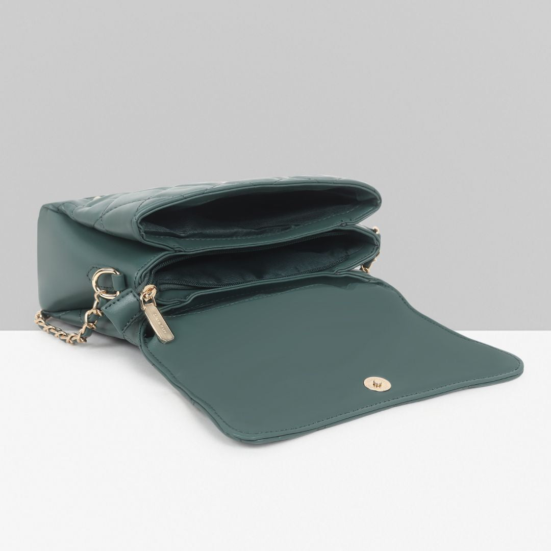 Stylish Quilted Studded Top Handle Green Sling Bag for Women